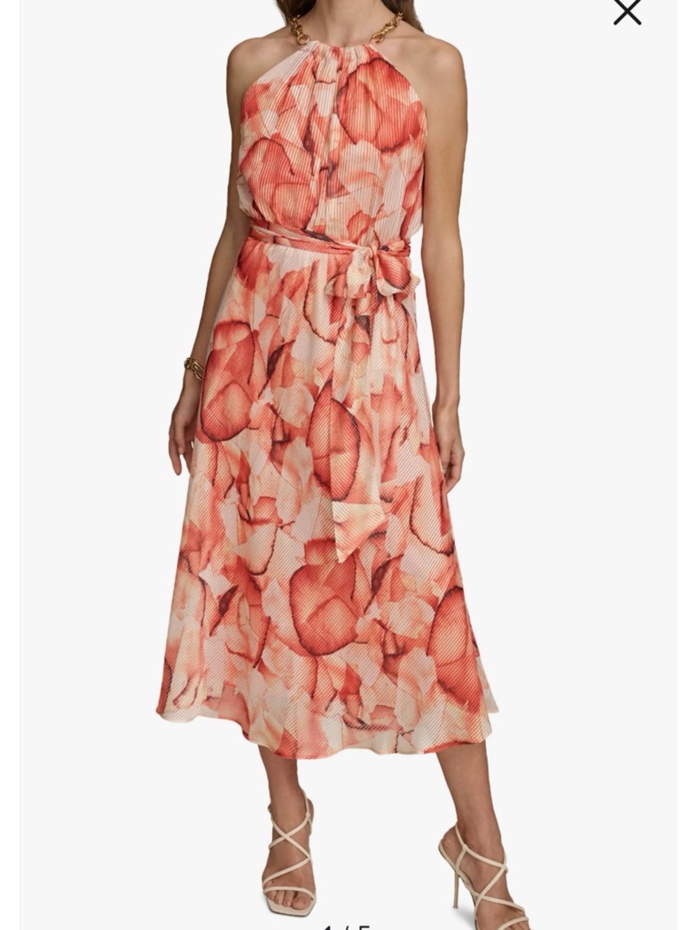 Donna Karan Orange and White Printed Maxi Dress with Chain Straps